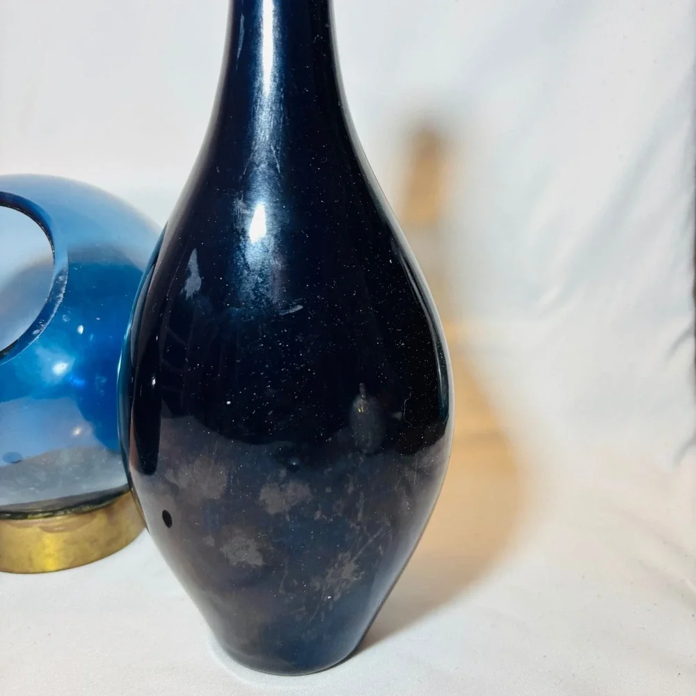 Cobalt Blue Sculptural Vase Set of 3 Orb Brass Base Modern Decor
